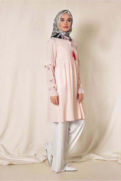 TRENDTESETTÜR Women's Pink (A.SOMON) Loose Cut Tunic with Embroidered Sleeves 4274