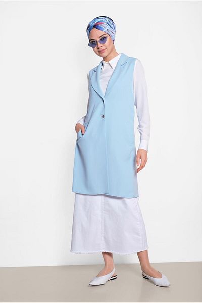TRENDTESETTÜR Women's Blue (ICE BLUE) Side Slit Front Buttoned Vest 4185