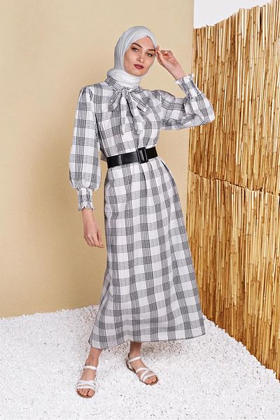 TRENDTESETTÜR Women's Ecru Belted Striped Dress 0354