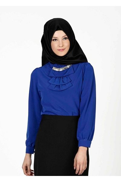 TRENDTESETTÜR Γυναικεία μπλούζα Navy Blue (SAKS) με λεπτομέρεια γιακά και αξεσουάρ 5571