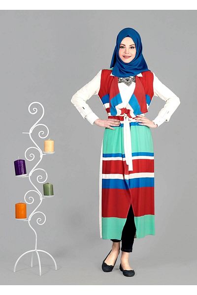 TRENDTESETTÜR Women's Red (RED-GREEN) Colored Striped Jacket 4952