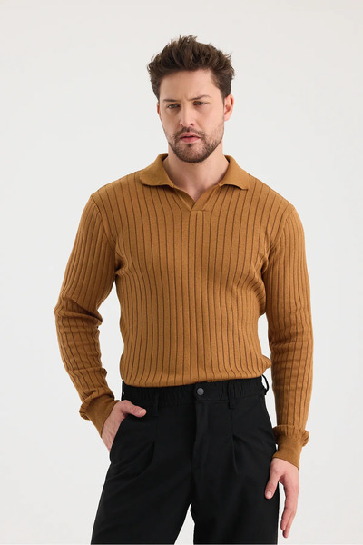 Genel Markalar Erkek Polo Yaka Fitilli Triko Kazak