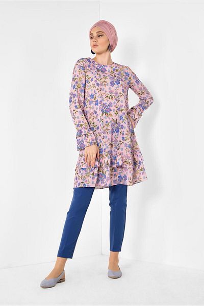 TRENDTESETTÜR Women's Pink Skirt and Ruffle Sleeve Tunic 4971