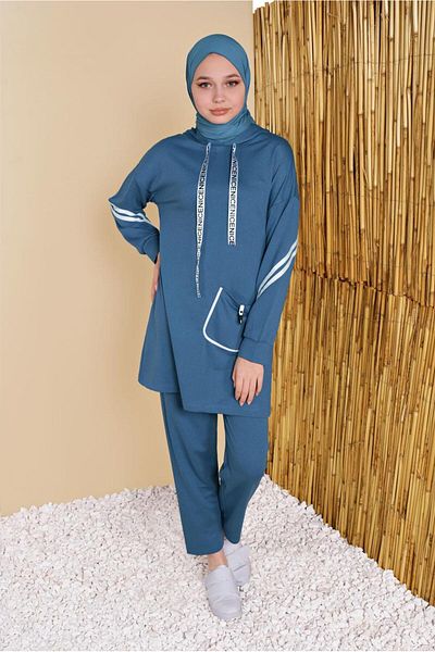 TRENDTESETTÜR Γυναικεία φόρμα με ριγέ μπλέ Navy (INDIGO) με κουκούλα και διπλό παντελόνι 4056