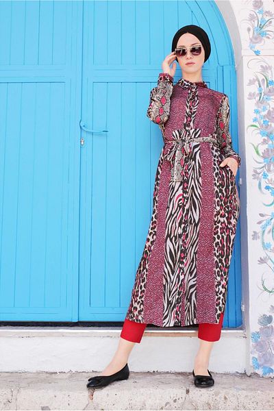 TRENDTESETTÜR Red Mix Pattern - Waist Tie Women's Tunic 4086