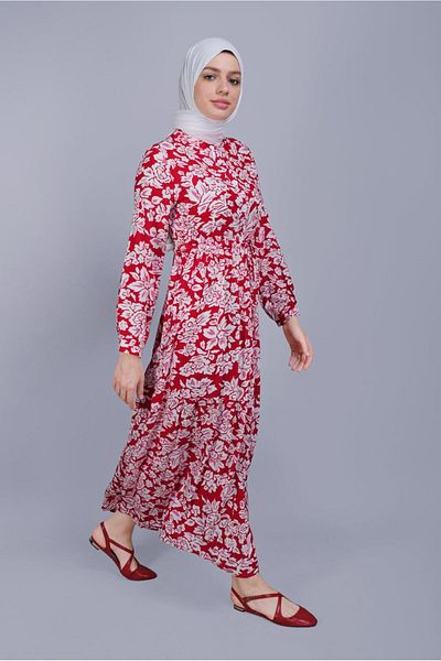 TRENDTESETTÜR Women's Red Floral Patterned Dress 4412