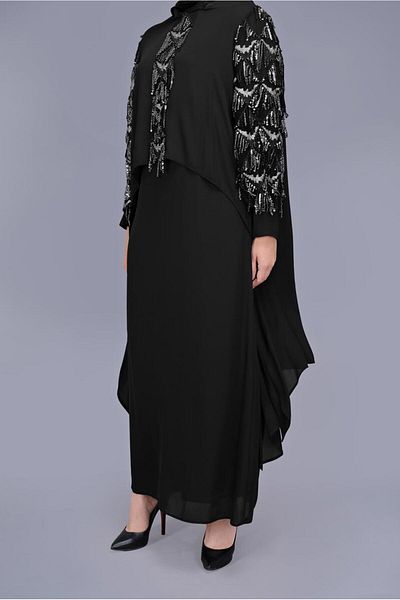 TRENDTESETTÜR Γυναικείο Μαύρο (ΜΑΥΡΟ-ΑΣΗΜΕΝΙΟ) Βραδινό Φόρεμα με Λεπτομέρεια Παγιέτα Διπλό Φόρεμα 5602