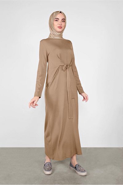 TRENDTESETTÜR Γυναικείο Καφέ (CAMEL) Πλεκτό Φόρεμα με Λεπτομέρεια Δέσιμο Μπροστά 41029