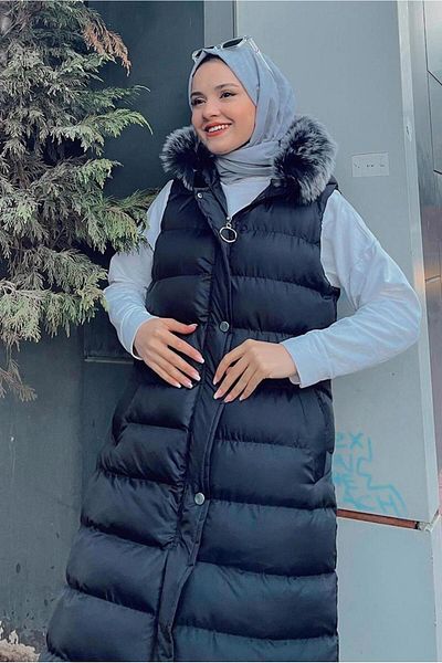 Alvina Furry Puffer Vest with Hood and Pockets - 42478