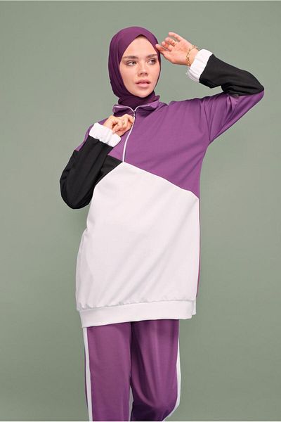 TRENDTESETTÜR Women's Purple Three-Color Zipper Collar Suit T 0066