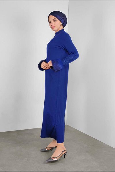 TRENDTESETTÜR Γυναικείο φόρεμα με μανσέτες Navy Blue (SAKS) με γούνινο κεντημένο πλεκτό 41034