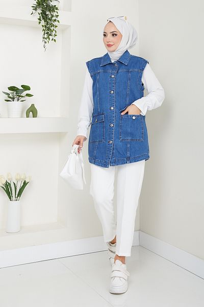Pamuk Butik Women's Blue Denim Pocket Denim Vest