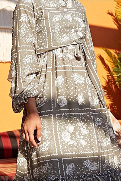 TRENDTESETTÜR Women's Khaki Belted Round Neck Floral Patterned Dress640000