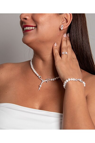 Sinemkacay 925 AYAR GÜMÜŞ RODYUM (BEYAZ ALTIN) KAPLAMA GERÇEK İNCİ SET