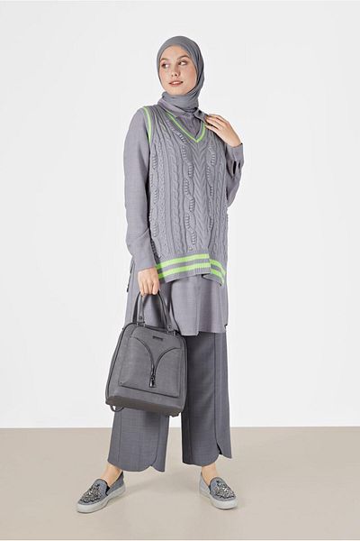 TRENDTESETTÜR Women's Gray Knitted Patterned Sweater 1727