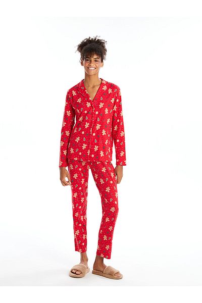 LC Waikiki Set de pijamale pentru femei LCW DREAM, guler roșu de cămașă, cu tematică de Anul Nou