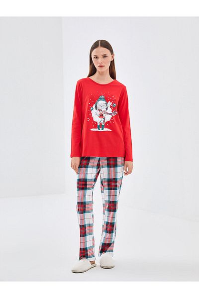 LC Waikiki Set de pijamale pentru femei LCWK cu decolteu triplu cu tematică de Crăciun
