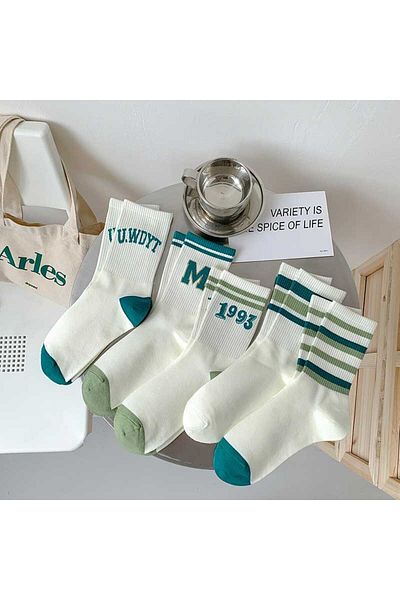 çorapmanya 5 Pairs Multicolor Cute 1903 Patterned Striped Cotton College Tennis Socks