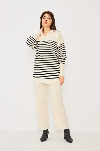 brako tekstil طقم تريكو نسائي مخطط بياقة قميص وسحاب