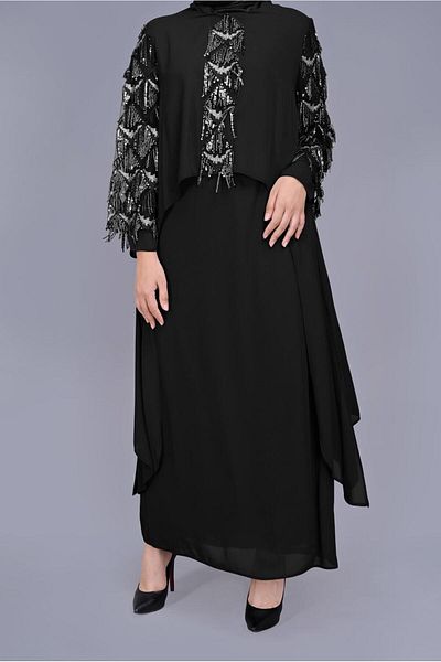 TRENDTESETTÜR Γυναικείο Μαύρο (ΜΑΥΡΟ-ΑΣΗΜΕΝΙΟ) Βραδινό Φόρεμα με Λεπτομέρεια Παγιέτα Διπλό Φόρεμα 5602
