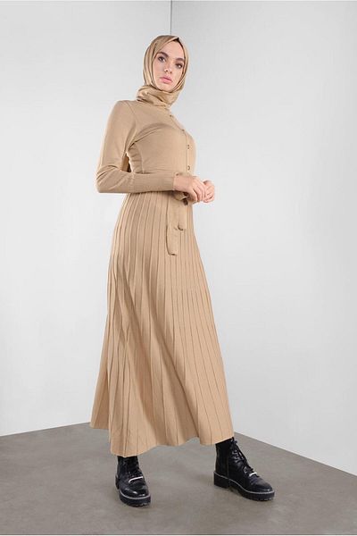 TRENDTESETTÜR Γυναικεία Καφέ (CAMEL) Φούστα Πλισέ Πλεκτό Φόρεμα με κουμπιά 41031