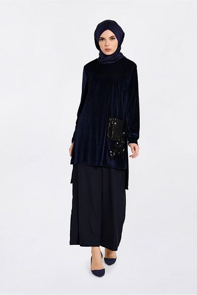 TRENDTESETTÜR Women's Navy Blue Sequined Velvet Tunic 2850