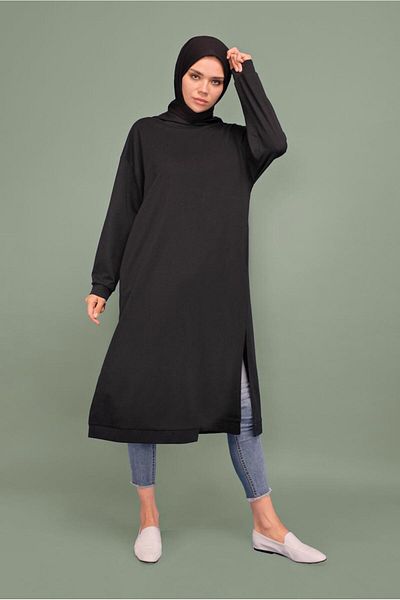 TRENDTESETTÜR Black Hooded Side Slit Tunic 7003