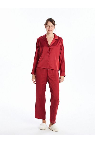 LC Waikiki Set de pijamale de damă din satin cu guler cămașă Lcwk