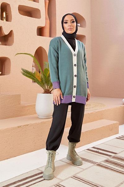 TRENDTESETTÜR Γυναικεία Πράσινη (ÇAĞLA) Ζακέτα με κουμπιά Color Block 5742