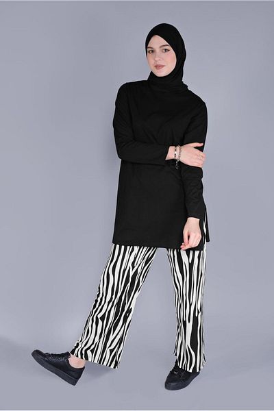 TRENDTESETTÜR Γυναικείο Μαύρο (ΜΑΥΡΟ-ΚΡΕΜ) Σετ Παντελόνι με σχέδιο Zebra 7866