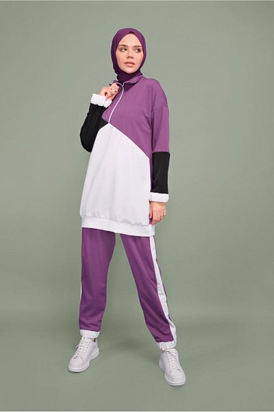 TRENDTESETTÜR Women's Purple Three-Color Zipper Collar Suit T 0066