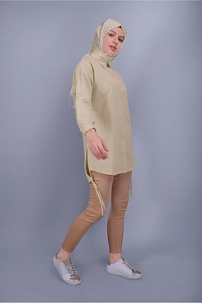 TRENDTESETTÜR Camel Brown Cotton Tunic with Buttons and Lacing Detail 602