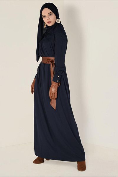 TRENDTESETTÜR Γυναικείο φόρεμα Navy Blue Leather Belted 4406