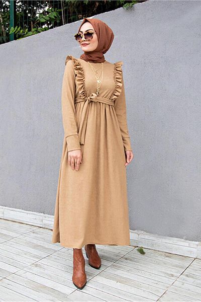 TRENDTESETTÜR Γυναικείο φόρεμα καφέ (CAMEL) με λεπτομέρεια με ζώνη 7066