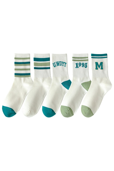 çorapmanya 5 Pairs Multicolor Cute 1903 Patterned Striped Cotton College Tennis Socks