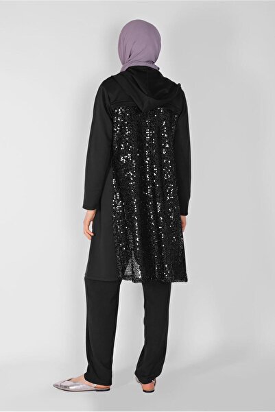 TRENDTESETTÜR Kadın Siyah Pul Payetli Kapüşonlu Hırka 3656
