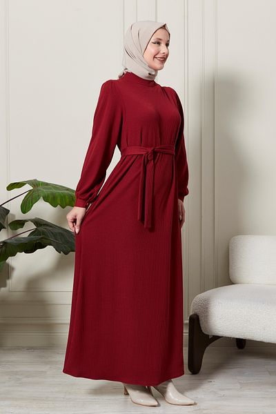 fistan Ribbed Knit Thin Velvet Fabric Belted Belted Winter Half Throat Princess Sleeve Hijab Dress