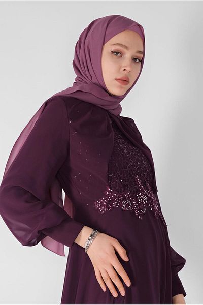TRENDTESETTÜR Women's Plum Sequin Embroidered Chiffon Evening Dress 58725