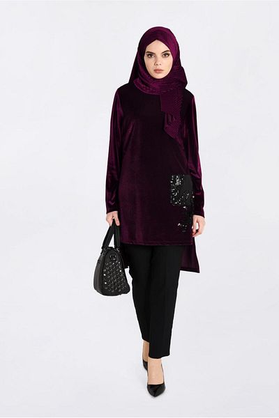 TRENDTESETTÜR Women's Plum Sequined Velvet Tunic 2850