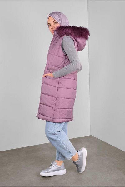 TRENDTESETTÜR Women's Pink (ROSE) Hooded Puffer Vest with Pocket Detail 90146