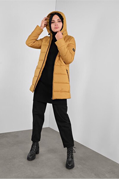 TRENDTESETTÜR Women's Orange (MUSTARD) Hooded Puffer Coat with Pockets 90134