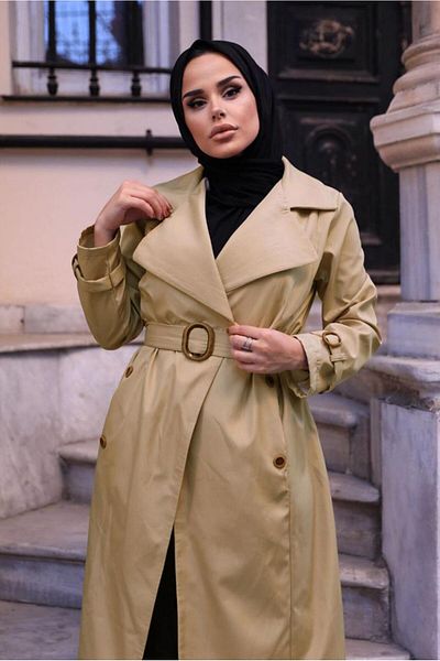 TRENDTESETTÜR Γυναικεία καφέ (CAMEL) καμπαρντίνα με διπλό στήθος με ζώνη πέτο 0167