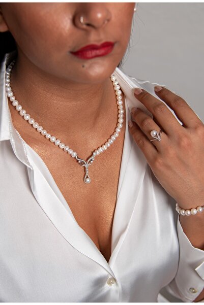 Sinemkacay 925 AYAR GÜMÜŞ RODYUM (BEYAZ ALTIN) KAPLAMA GERÇEK İNCİ SET