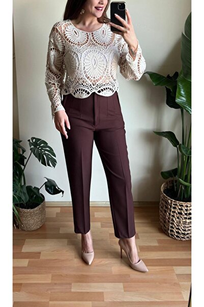 Butik KAHVE YÜKSEK BEL PENSLİ PANTOLON