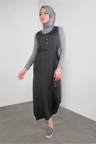 TRENDTESETTÜR Γυναικείο πλεκτό γκρι (GREY-MELANJ) με ζώνη μέσης και κουμπιά Gilet 41037