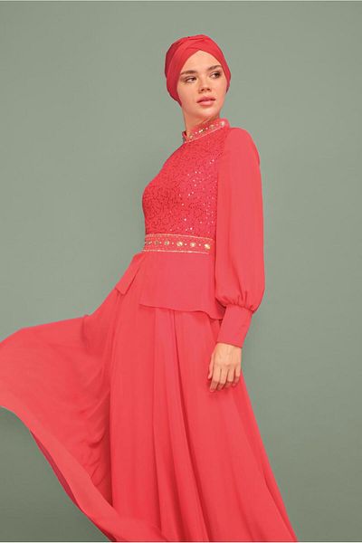 TRENDTESETTÜR Women's Coral Jewelled Sequined Evening Dress 5948