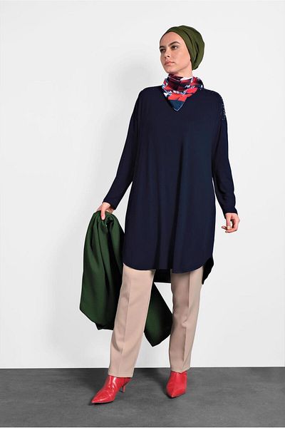 TRENDTESETTÜR Navy Blue Stone Patterned Women's Tunic - 2747