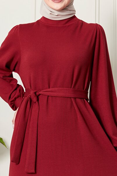fistan Fitilli Örgü İnce Kadife Kumaş Kemerli Kuşaklı Kışlık Yarım Boğazlı Prenses Kol Tesettür Elbise
