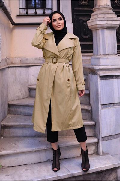 TRENDTESETTÜR Γυναικεία καφέ (CAMEL) καμπαρντίνα με διπλό στήθος με ζώνη πέτο 0167