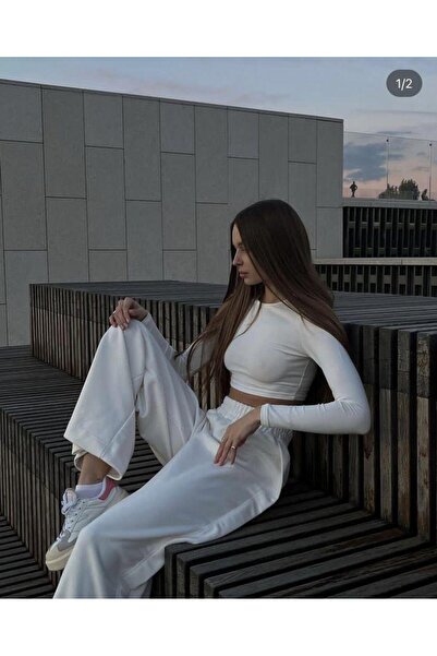 Butik Kadın Beyaz Bisiklet Yaka Uzun kollu Crop Body